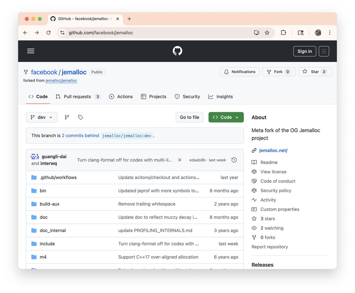 chat pointed out that facebook forked jemalloc a few weeks ago so maybe that's where development is now going