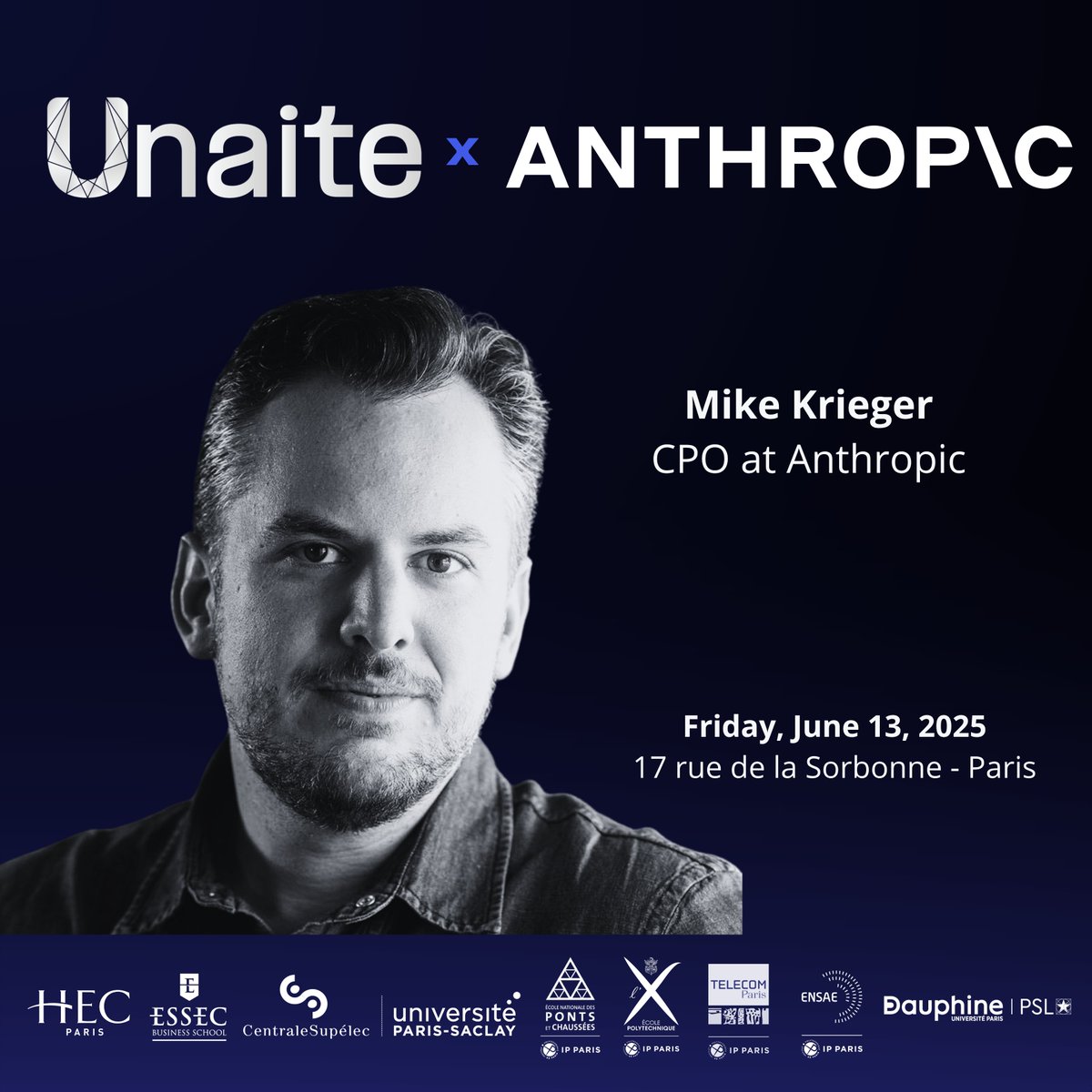 Unaite is thrilled to welcome Mike Krieger, CPO at <a href="/AnthropicAI/">Anthropic</a>  and former CTO and co-founder of <a href="/instagram/">Instagram</a>.

Join us on June 13, 2025 at <a href="/SorbonneParis1/">Université Paris 1 Panthéon-Sorbonne</a>, for this exclusive talk.

Spots are extremely limited - get yours now: lu.ma/hbxebi6c