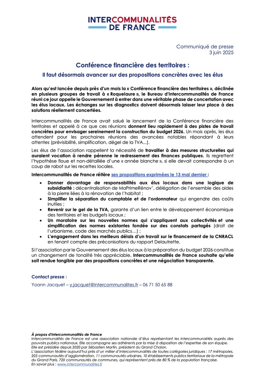 📣 [Communiqué] Conférence financière des territoires : Il faut désormais avancer sur des propositions concrètes avec les élus

👉 Alors qu’est lancée depuis près d’un mois la « Conférence financière des territoires », déclinée en plusieurs groupes de travail à « Roquelaure », le