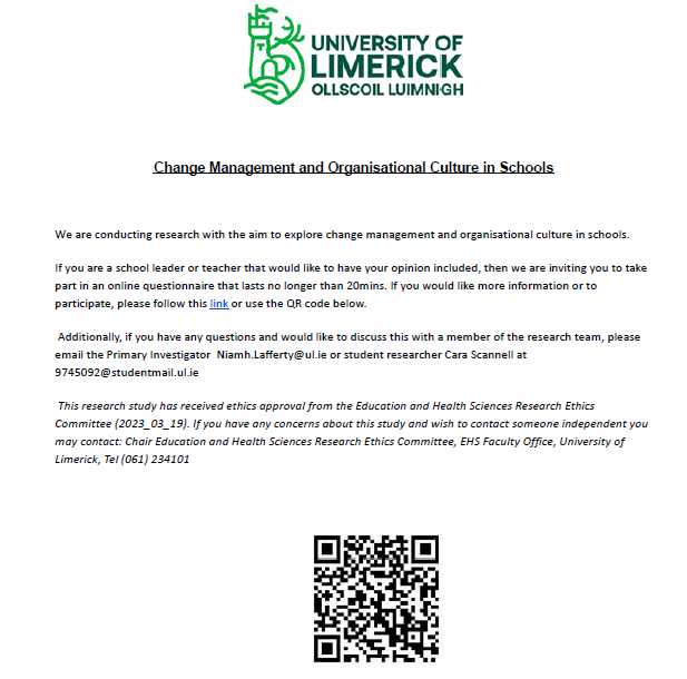 Cara Scannell (@carascannell) on Twitter photo Conducting research on "School Leadership and the Development of a Collaborative Culture Among Teachers in Irish Primary Schools".
#MESL #PDSL <a href="/DalyDympna/">Dr. Dympna Daly</a> <a href="/lafferty_niamh/">Niamh M Lafferty</a>
unioflimerick.eu.qualtrics.com/jfe/form/SV_1M… Conducting research on "School Leadership and the Development of a Collaborative Culture Among Teachers in Irish Primary Schools".
#MESL #PDSL <a href="/DalyDympna/">Dr. Dympna Daly</a> <a href="/lafferty_niamh/">Niamh M Lafferty</a>
unioflimerick.eu.qualtrics.com/jfe/form/SV_1M…