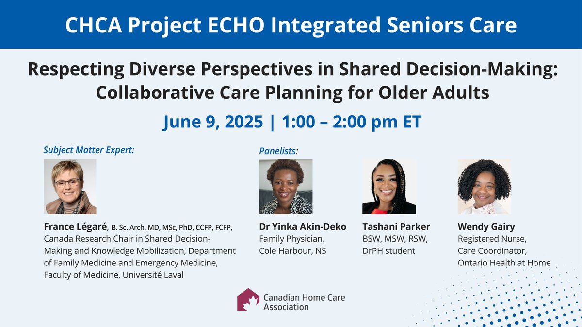 CdnHomeCare's tweet image. Shared decision-making is central to person- and family-centred care, especially when supporting older adults with dementia and multimorbidity at home.
This TeleECHO clinic explores how respecting and valuing the diverse perspectives of individuals, families, and care…