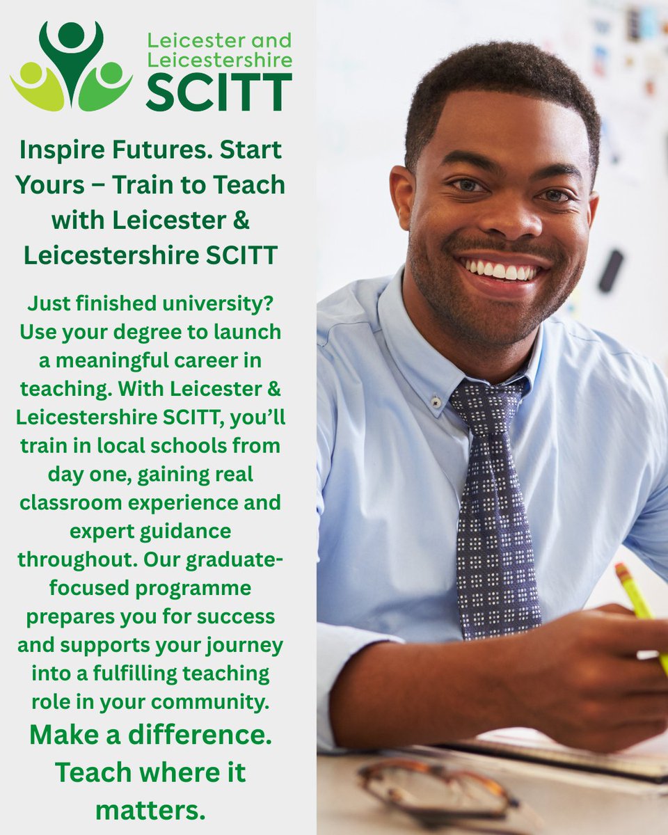 🎓 Thinking of teaching? There’s still time to apply!
Train with Leicester &amp; Leicestershire SCITT and start your journey into a rewarding career.

📘 Info: leics-scitt.co.uk
📝 Apply: shorturl.at/FxXsr

#TeachLeicester #SCITT #ApplyNow