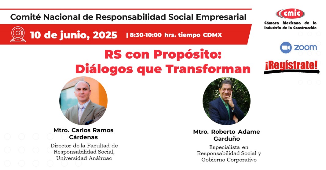 Afiliados_CMIC's tweet photo. Únete a la Reunión Mensual del Comité de Responsabilidad Social Empresarial de #CMIC
📌 En esta ocasión platicaremos sobre Responsabilidad Social con propósito, sesión que te ayudará a orientar tu estrategia de RSE
📝 Regístrate: https://t.co/WjBOW08Mg3
#RSE #GenerarValor #Construcción
