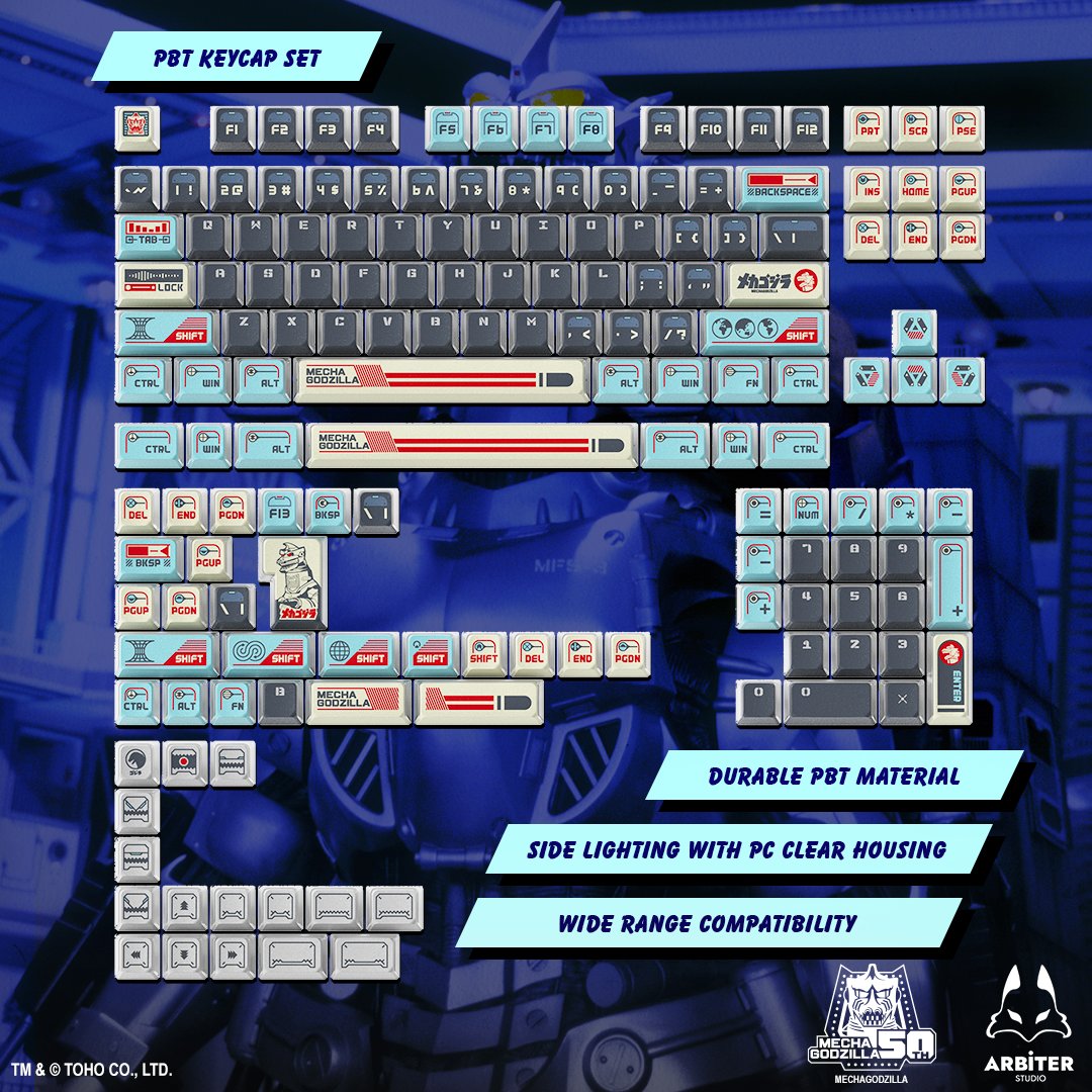 ✨Celebrate Mechagodzilla’s 50th anniversary with these themed 157 keycap set built to dominate your setup!

⌨️Dye-sub Artwork Design
🦾Durable PBT Material
💡 Enhanced Side Lighting with PC Clear Housing
♾  Wide Range Compatibility