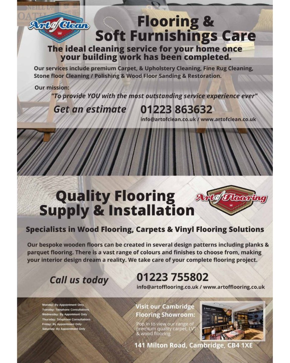 ⭐️ Recommended Supplier: Art of Clean &amp; Art of Flooring ⭐️

Whether you've just finished building work or simply want to refresh your interiors, Art of Clean offers top-tier care for your floors and soft furnishings. 

📞 Cleaning: 01223 863632 | Flooring: 01223 755802