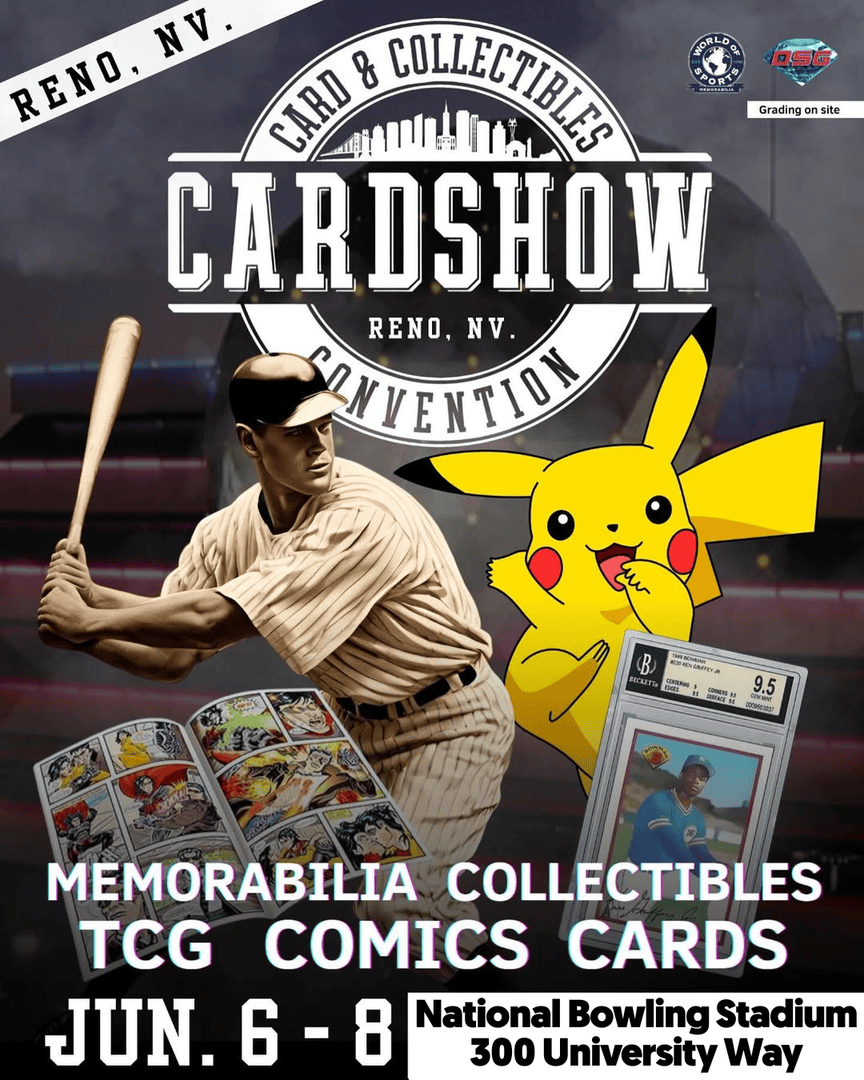 Reno, get ready! Cardshow, the premier Card &amp; Collectibles Convention, is rolling back into town at the National Bowling Stadium from June 6-8. Dive into a world of cards, collectibles, TCGs, and memorabilia. Secure your tickets now: worldofsportsmemorabilia.com/products/reno-…