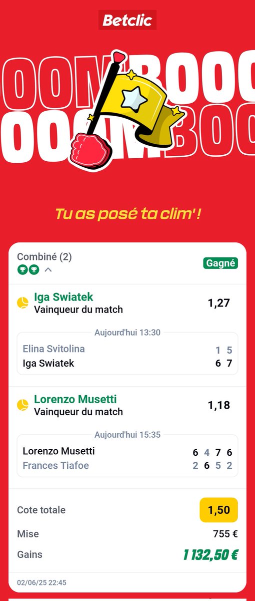 Montante ×10 : 100€ -> 1000€ 🪜
✅✅✅

ATP - Roland Garros 🇫🇷

1️⃣ 100€ ➔ 180€ ✅
2️⃣ 180€ ➔ 280€ ✅
3️⃣ 280€ ➔ 484€ ✅
4️⃣ 484€ ➔ 755€ ✅
5️⃣ 755€ ➔ 1132€ ✅

🔥On valide cette montante ×10 magnifiquement🔥

 🫂 Follow et casse moi ce tweet pour soutenir le travail