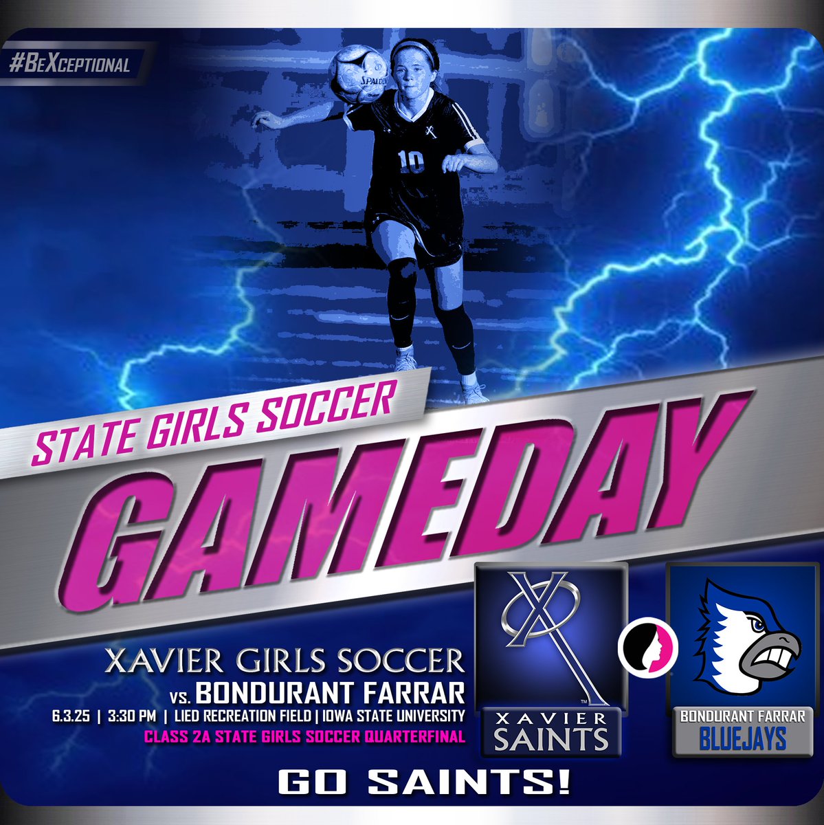 Xavier High School (@xaviersaints) on Twitter photo STATE SOCCER GAMEDAY! Good luck to Coach Johnson and <a href="/XHSgirlssoccer/">XHSgirlssoccer</a> as they take on Bondurant-Farrar in a Class 2A state semifinal at Iowa State at 3:30 PM! Livestream link: watchighsau.com/?B=2450493 GO SAINTS! #WeAreXavier #BeXceptional STATE SOCCER GAMEDAY! Good luck to Coach Johnson and <a href="/XHSgirlssoccer/">XHSgirlssoccer</a> as they take on Bondurant-Farrar in a Class 2A state semifinal at Iowa State at 3:30 PM! Livestream link: watchighsau.com/?B=2450493 GO SAINTS! #WeAreXavier #BeXceptional