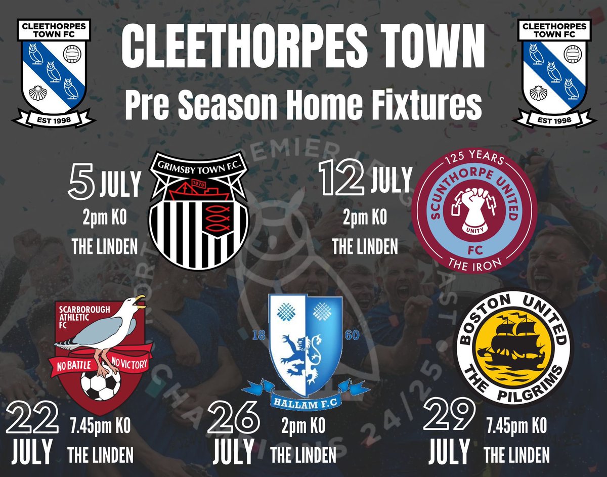 Here’s our 5 pre season games at home this summer - have you got your tickets for the first two v <a href="/officialgtfc/">Grimsby Town F.C.</a> and <a href="/SUFCOfficial/">Scunthorpe United FC</a> ⚽️

Get yours online this evening.

pitchero.com/clubs/cleethor…