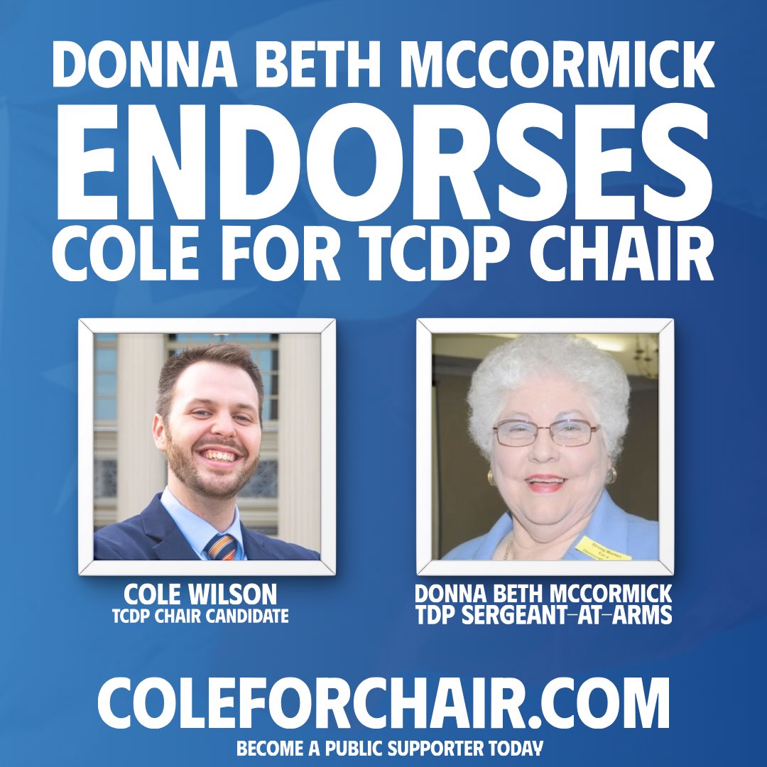 Honored to have the support of Donna Beth McCormick — TDP’s Sergeant-at-Arms, longtime precinct chair, and Texas trailblazer.

She’s spent her life making sure everyone gets a voice — and I’m grateful she’s using hers to back our campaign for Party Chair.

Let’s win this together
