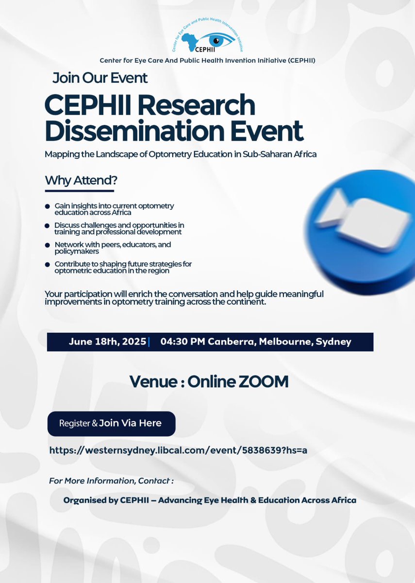CEPHII_AVRI's tweet photo. 📣 Join us for the CEPHII Research Dissemination Event as we explore the landscape of optometry education in Sub-Saharan Africa.

Let’s shape the future of eye care education in Africa! 👁️🌍 https://t.co/olVWQYIqwq