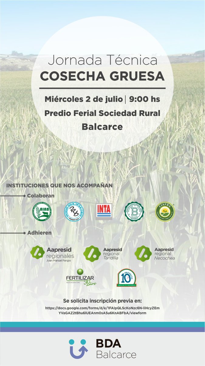 Fernando Garcia (@garciaf_nutri) on Twitter photo Miércoles 2/7 Jornada Téc Cultivos Cosecha Gruesa Banco Alimentos Balcarce. Gracias a las instituciones que nos acompañan!
Inscripción tinyurl.com/23kk2art
#AIAB #SRBalcarce <a href="/INTABalcarce/">INTABalcarce</a> <a href="/fcabalcarce/">FCABalcarce - UNMDP</a> <a href="/CiafbaSudeste/">CIAFBA REGIÓN SUDESTE</a> <a href="/AapreMDQFangio/">Aapresid MDQ-JM Fangio</a> <a href="/aapresidneco/">Aapresid Necochea</a> <a href="/TandiliaReg/">Aapresid Tandilia</a> <a href="/FertilizarAC/">Fertilizar A.C.</a> Miércoles 2/7 Jornada Téc Cultivos Cosecha Gruesa Banco Alimentos Balcarce. Gracias a las instituciones que nos acompañan!
Inscripción tinyurl.com/23kk2art
#AIAB #SRBalcarce <a href="/INTABalcarce/">INTABalcarce</a> <a href="/fcabalcarce/">FCABalcarce - UNMDP</a> <a href="/CiafbaSudeste/">CIAFBA REGIÓN SUDESTE</a> <a href="/AapreMDQFangio/">Aapresid MDQ-JM Fangio</a> <a href="/aapresidneco/">Aapresid Necochea</a> <a href="/TandiliaReg/">Aapresid Tandilia</a> <a href="/FertilizarAC/">Fertilizar A.C.</a>