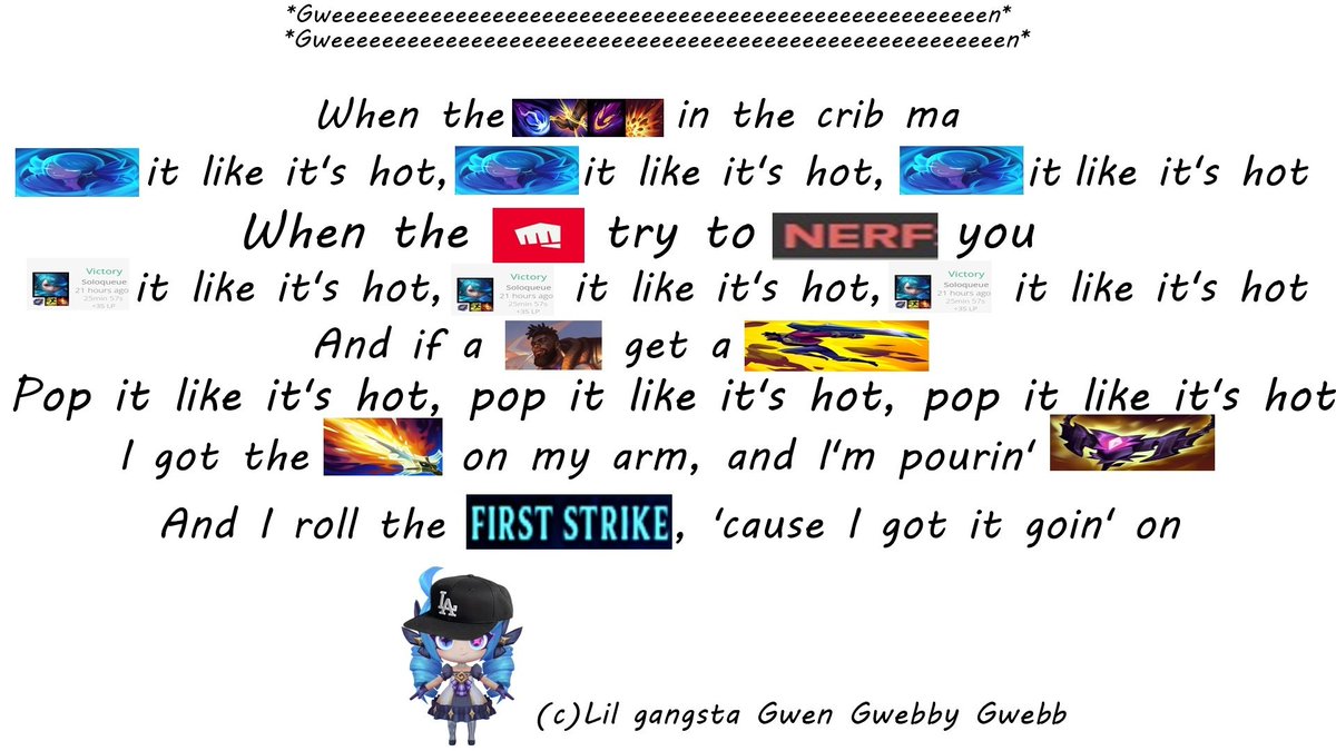 SohloknirBGA's tweet image. I&apos;m sitting at work, listening to Snoop Dogg&apos;s songs, and suddenly this picture appears in my head. G-WE-double-B
#gwen #leagueoflegends