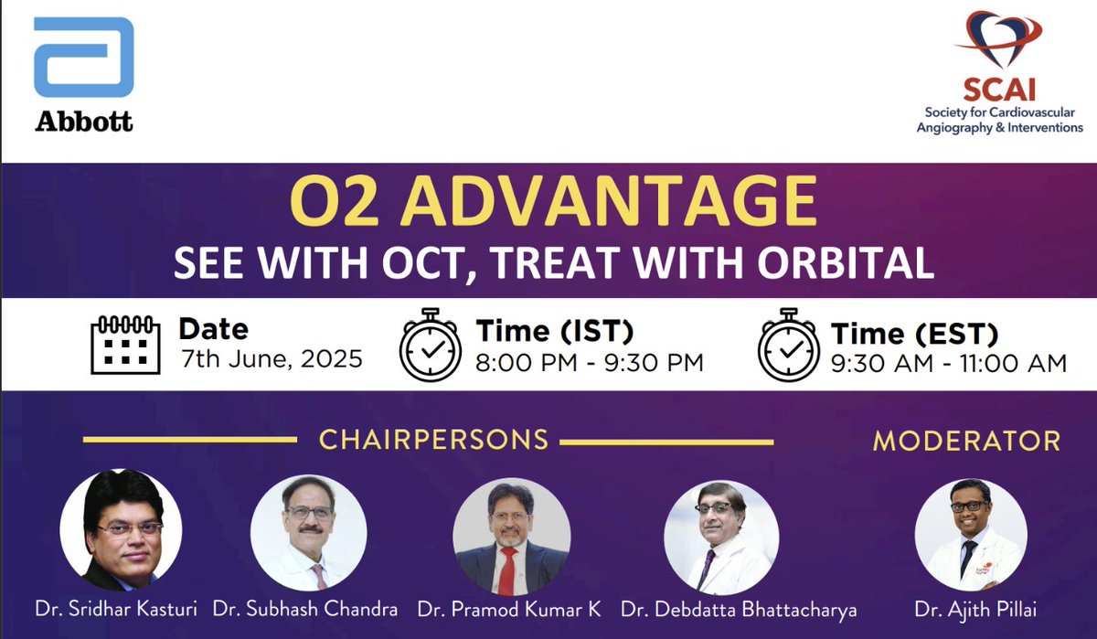 SCAI (@scai) on Twitter photo 🔍Learn the latest on #OCT and #OrbitalAtherectomy in the SCAI/<a href="/AbbottCardio/">Abbott Cardiovascular</a>
webinar, "O2 Advantage: See With OCT, Treat With Orbital". Join international expert faculty from India and the US this Saturday for this informational session.
Register now➡️ scai.org/abbott-scai-in… 🔍Learn the latest on #OCT and #OrbitalAtherectomy in the SCAI/<a href="/AbbottCardio/">Abbott Cardiovascular</a>
webinar, "O2 Advantage: See With OCT, Treat With Orbital". Join international expert faculty from India and the US this Saturday for this informational session.
Register now➡️ scai.org/abbott-scai-in…