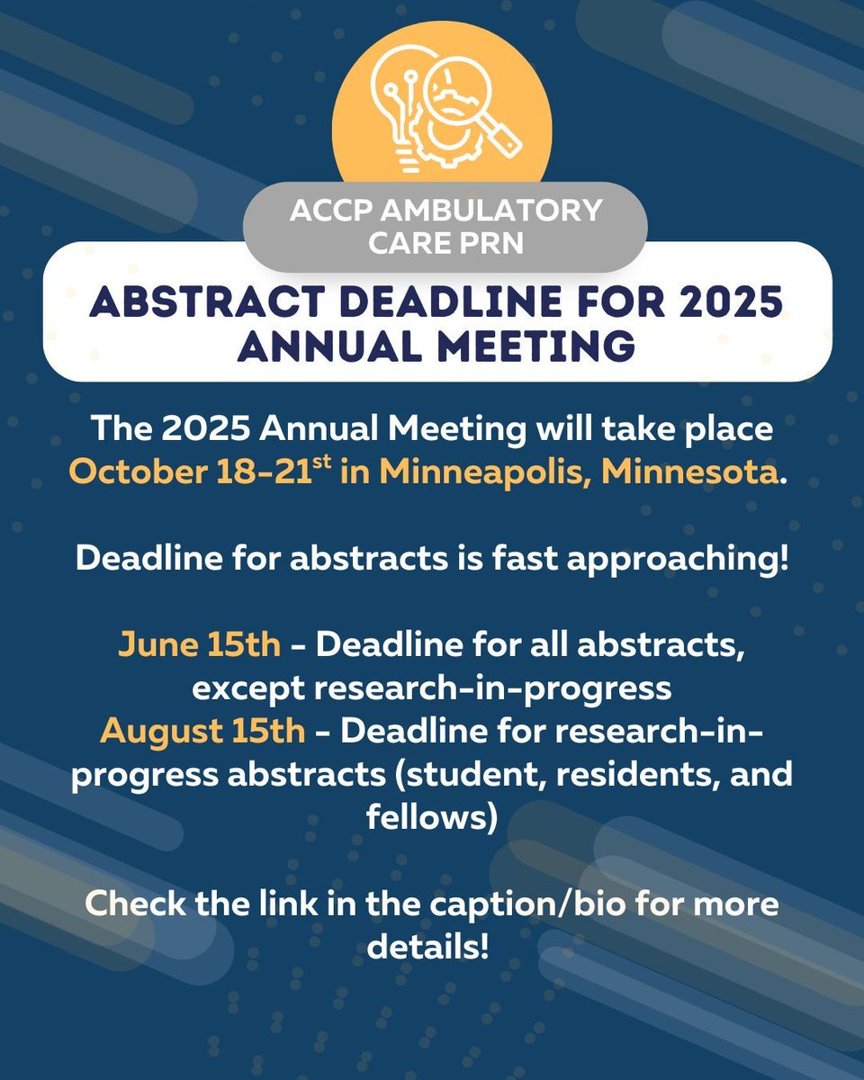ACCP Annual Meeting is set to take place October 18-21 in Minneapolis, MN! Be sure to submit your abstracts before the deadline to have the opportunity to present your exciting work! buff.ly/zVtXmpb