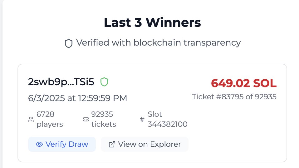 congrats to 2swb9p...TSi5 on the 649 SOL ($105,000) JACKPOT

this guy has just 40 tickets or 400k tokens 

another hour, another life changed. 

2swb9pJ9Ak5TLBsfsBcr5QVCStM5vNZAcyhRY9uZTSi5