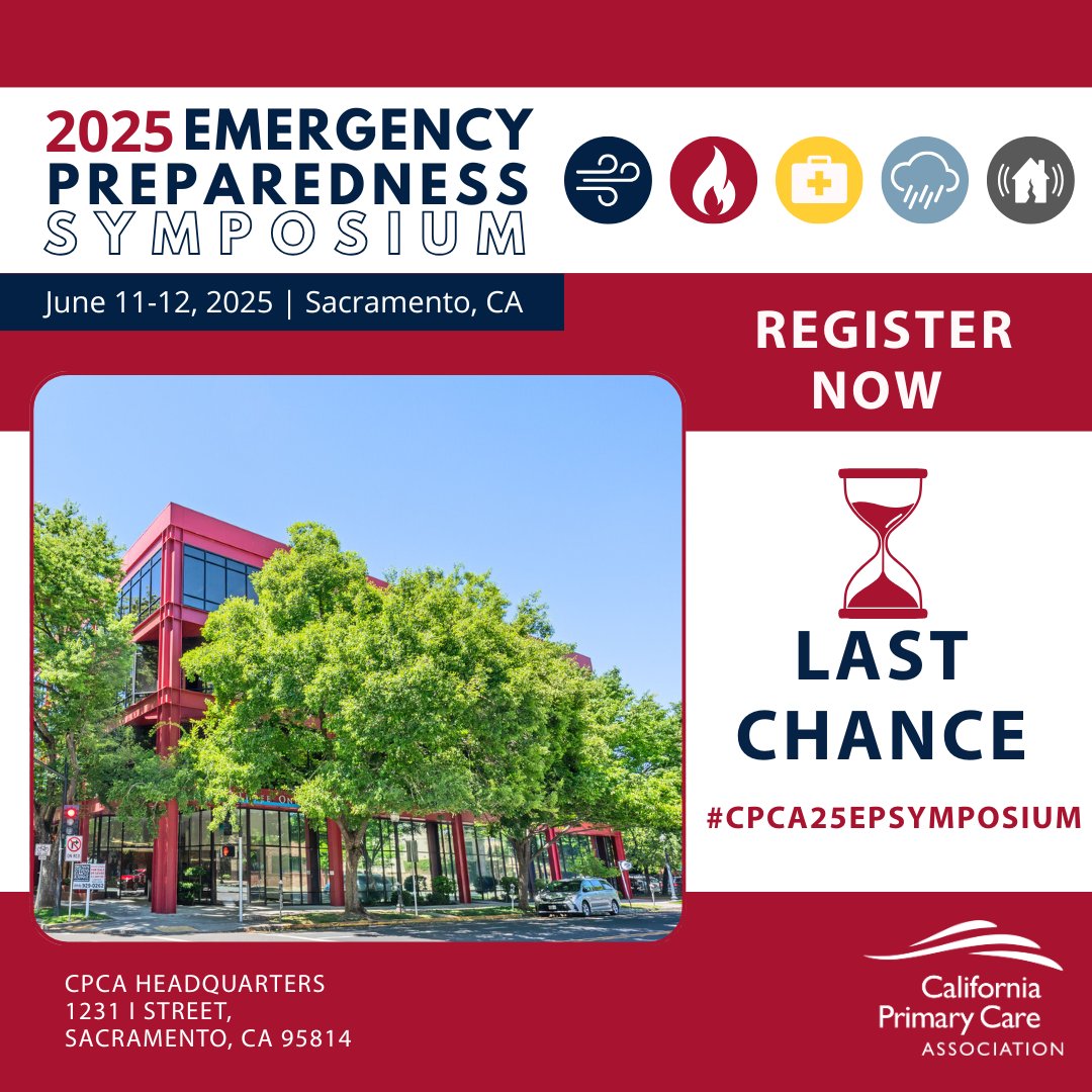 California Primary Care Association (@cpca) on Twitter photo 🚨 Last Chance to Register! 🚨 This is your final call to secure your spot and gain critical insights into emergency preparedness strategies that protect our communities. Register now: ow.ly/Q3M150W3vFO #CPCAEPSymposium 🚨 Last Chance to Register! 🚨 This is your final call to secure your spot and gain critical insights into emergency preparedness strategies that protect our communities. Register now: ow.ly/Q3M150W3vFO #CPCAEPSymposium