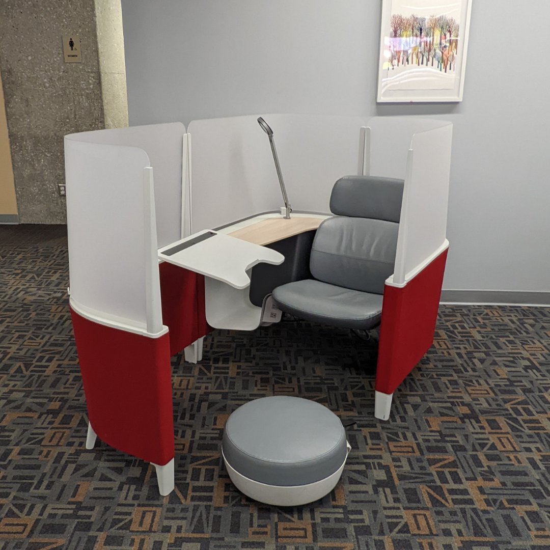 Looking for a place to study or hang out? We have a variety of spaces for you to use! Sit by the windows, or in a study pod, we have space for everyone here.