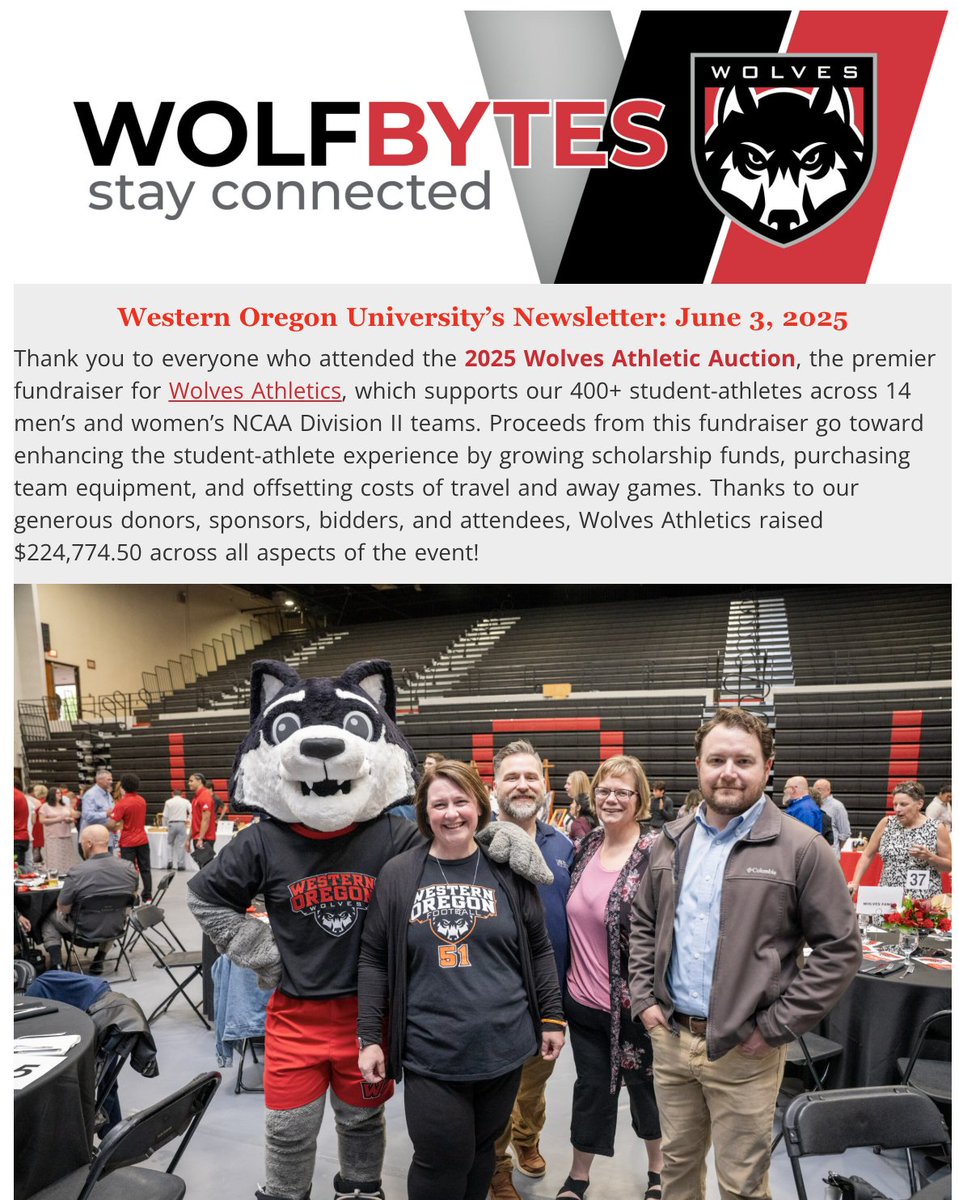 Stay in the know! Our June newsletter is out. Celebrate our Annual Athletic Auction, Academic Excellence Showcase, and much more: wou.edu/marcom/wolfbyt…