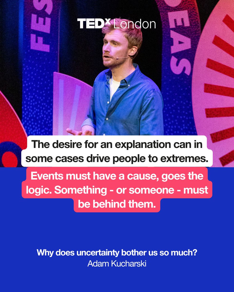 TEDxLondon (@tedxlondon) on Twitter photo āThe desire for an explanation can in some cases drive people to extremes. Events must have a cause, goes the logic. Something - or someone - must be behind them.ā
Prof <a href="/adamjkucharski/">Adam Kucharski</a> <a href="/LSHTM/">London School of Hygiene & Tropical Medicine</a> explains why humans need a clear explanations about how things work! āThe desire for an explanation can in some cases drive people to extremes. Events must have a cause, goes the logic. Something - or someone - must be behind them.ā
Prof <a href="/adamjkucharski/">Adam Kucharski</a> <a href="/LSHTM/">London School of Hygiene & Tropical Medicine</a> explains why humans need a clear explanations about how things work!