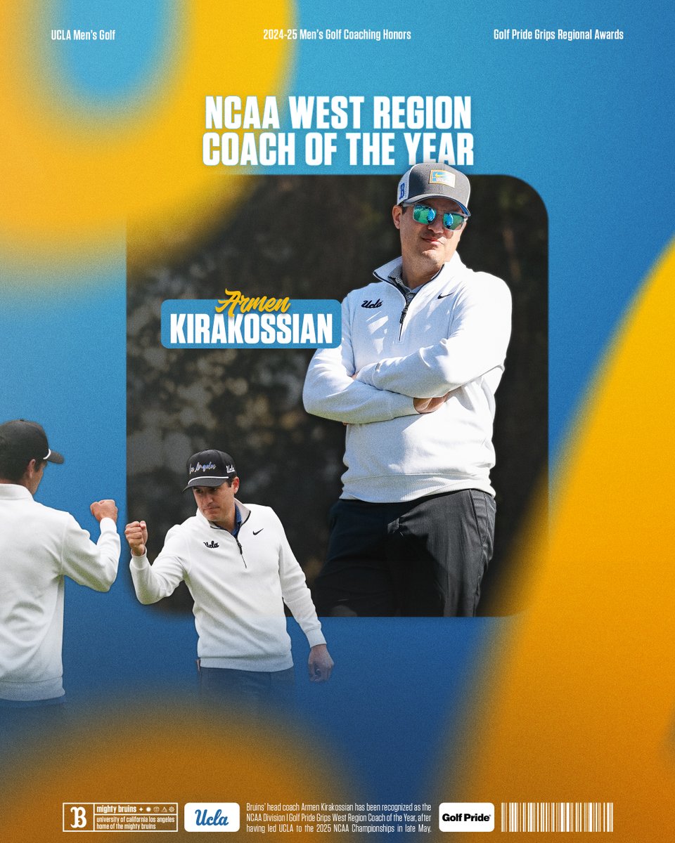 Congratulations to Bruins’ head coach 𝐀𝐫𝐦𝐞𝐧 𝐊𝐢𝐫𝐚𝐤𝐨𝐬𝐬𝐢𝐚𝐧 on being named the NCAA Division I Golf Pride Grips West Region Coach of the Year, as announced by the Golf Coaches Association of America (GCAA).

🗒️⛳: ucla.in/4kpgQoU