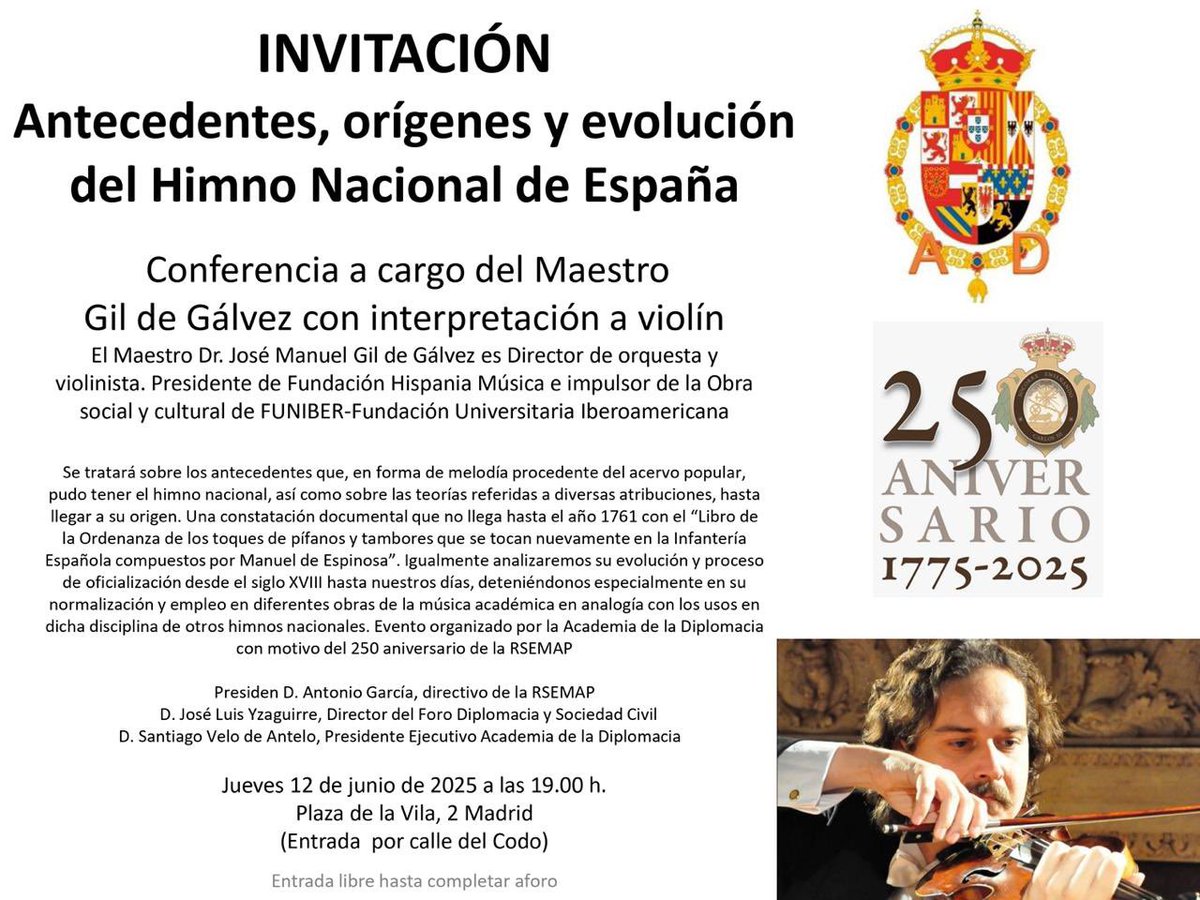 𝙂𝙞𝙡 𝙙𝙚 𝙂á𝙡𝙫𝙚𝙯 🇪🇺 (@gildegalvez) on Twitter photo Será un honor estar en la Academia de la Diplomacia del Reino de España impartiendo la conferencia “Antecedentes, orígenes y evolución del Himno Nacional de España”; con motivo del 250 aniversario de la Real Sociedad Económica Matritense Amigos del Pais.
<a href="/GildeGalvez/">𝙂𝙞𝙡 𝙙𝙚 𝙂á𝙡𝙫𝙚𝙯 🇪🇺</a> Será un honor estar en la Academia de la Diplomacia del Reino de España impartiendo la conferencia “Antecedentes, orígenes y evolución del Himno Nacional de España”; con motivo del 250 aniversario de la Real Sociedad Económica Matritense Amigos del Pais.
<a href="/GildeGalvez/">𝙂𝙞𝙡 𝙙𝙚 𝙂á𝙡𝙫𝙚𝙯 🇪🇺</a>