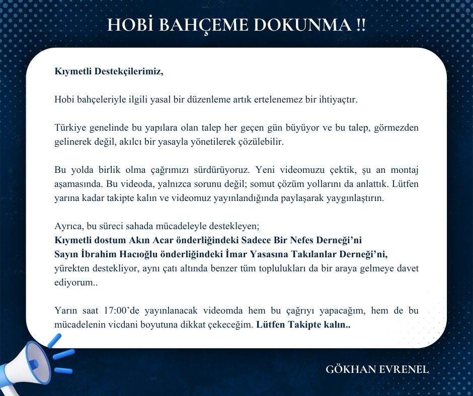 #SadeceBirNefesDerneği #YapıKayıtTorbaya 
#İmarYasasınaTakılanlarDerneği #HobiBahçesi
#HobiBahceleriYıkılmasın #YapıKayıtBelgesi
#HobiBahçemeDokunma #İmarzede
