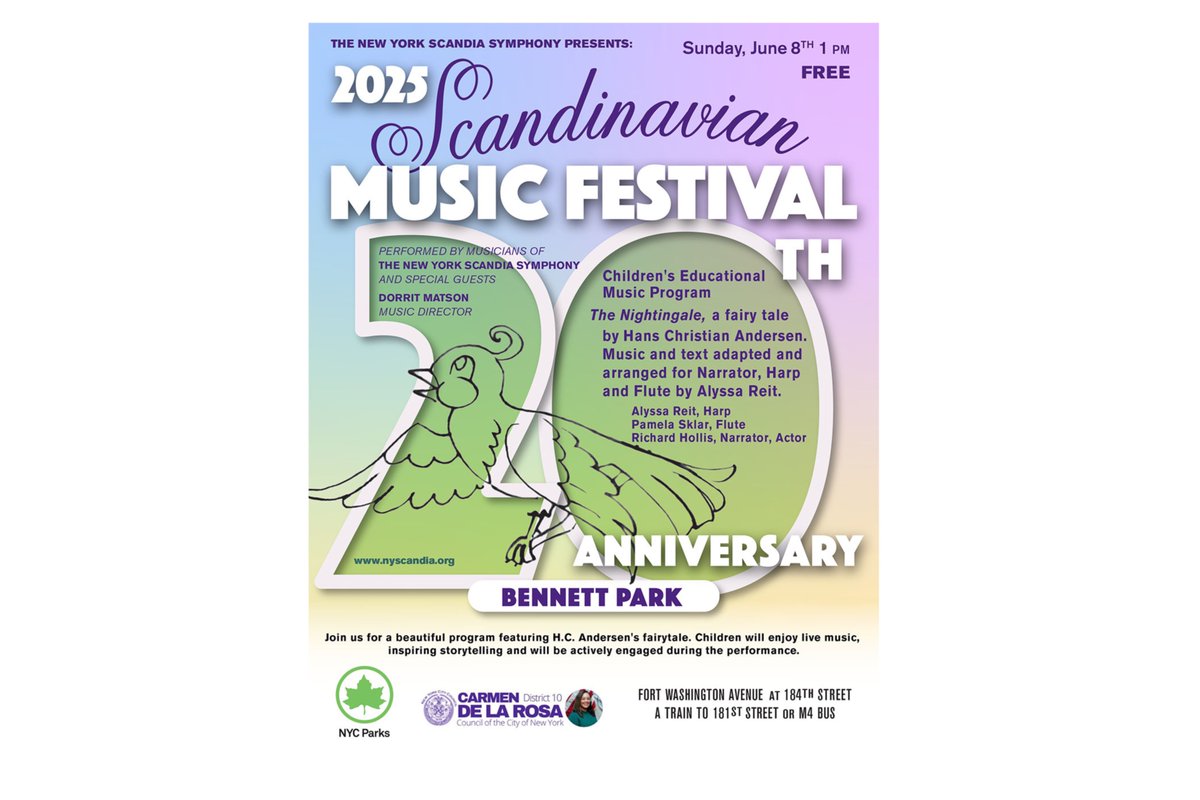 nyscandia's tweet photo. Join us in Bennett Park this Sunday, 6/8, for the annual Scandia Children’s Educational Concert. The program features a performance of Hans Christian Anderson’s The Nightingale. Bennett Park is located at Fort Washington Avenue at 184th St. Take the A train or M4 bus to 181st St. https://t.co/e6fSVH15xQ