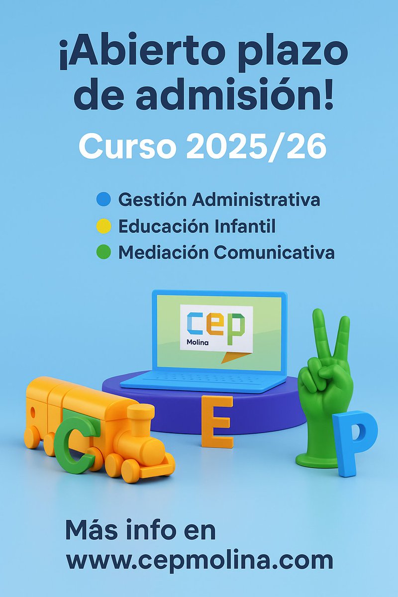CepMolina's tweet photo. Nuestra oferta formativa:
✅️ Gestión Administrativa (Grado Medio).
✅️ Mediación Comunicativa (Grado Superior).
✅️ Educación Infantil (Grado Superior). https://t.co/b1YT5GmJYd