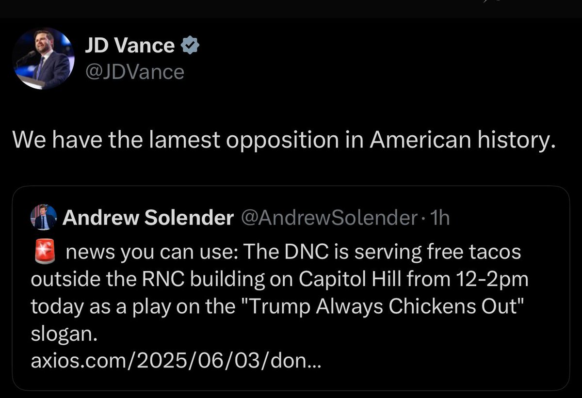 🚨 LMAO! JD Vance responds to the DNC selling “tacos” outside the RNC building (haha, get it? “Trump Always Chickens Out”)

“We have the lamest opposition in American history.”