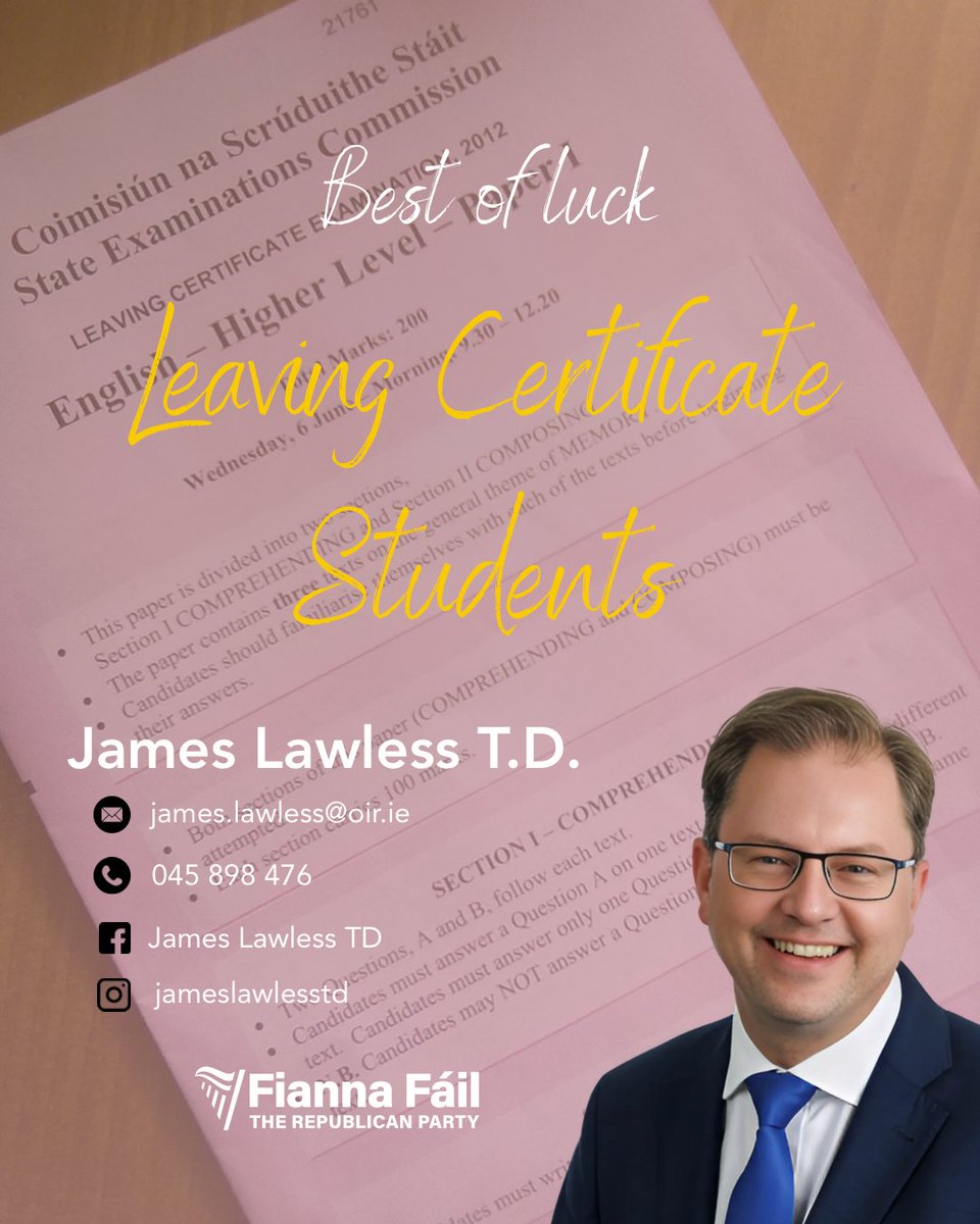 James Lawless (@lawlessj) on Twitter photo Best of luck to all Leaving Cert students starting exams tomorrow. As Minister for Further & Higher Education, I am committed to supporting your next steps in a vibrant higher education system.
<a href="/fiannafailparty/">Fianna Fáil</a>
<a href="/DeptofFHed/">Department of Further and Higher Education</a> Best of luck to all Leaving Cert students starting exams tomorrow. As Minister for Further & Higher Education, I am committed to supporting your next steps in a vibrant higher education system.
<a href="/fiannafailparty/">Fianna Fáil</a>
<a href="/DeptofFHed/">Department of Further and Higher Education</a>