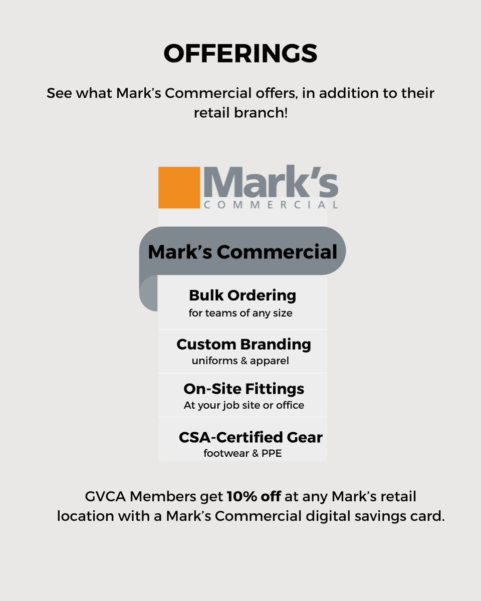 Want an outfit like this?
GVCA members get 10% off at Mark’s Commercial all year long. From boots to jackets, stock up on reliable workwear that gets the job done.

🔗hubs.ly/Q03mx6y-0
@markscanada
#GVCA #MembersSaveMore #MarksCommercial