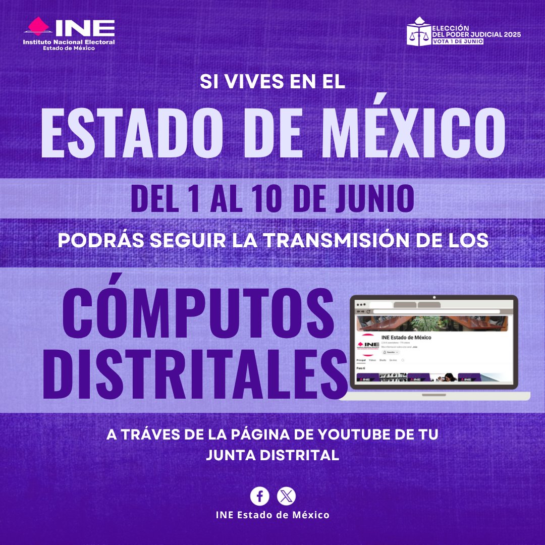 INEedomex's tweet image. 📢 ¡Atención Estado de México!  Del 1 al 10 de junio, sigue en vivo la transmisión de los Cómputos Distritales🗳️. 

👉 Consulta los canales aquí: goo.su/GXOpGl

#VotaPoderJudicial2025mx