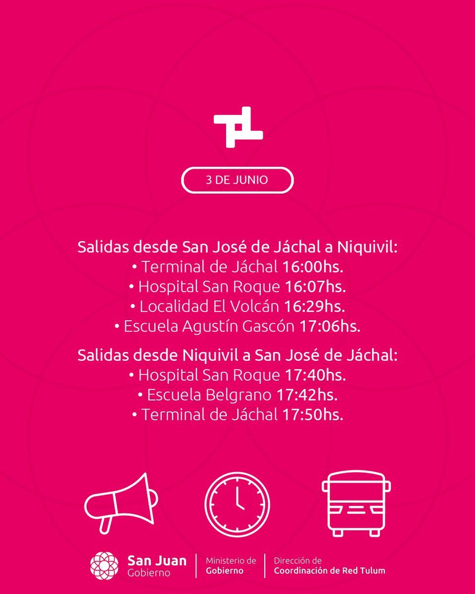 🕓🚍Nuevo servicio para la línea 505🚍🕓

📌¡Informate y no te quedes sin viajar!

<a href="/MinGobSanJuan/">MINGOB San Juan</a> 
<a href="/sisanjuanok/">sisanjuanok</a> 

#RedTulum #MinGobierno #LauraPalma #TránsitoyTransporte #SUBE #MarceloOrrego #SanJuan #SanJuanArgentina