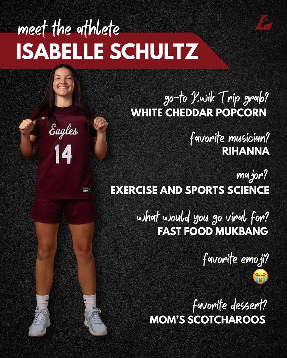 🦅 Meet the Athlete: Isabelle Schultz 🦅

Repping #14, Isabelle is an Exercise and Sports Science major who brings consistency, humor, and heart to everything she does. Whether she’s locked in during practice or reaching for her favorite snack, Belle keeps it real 💪🏽🏀
#AsAnEagle