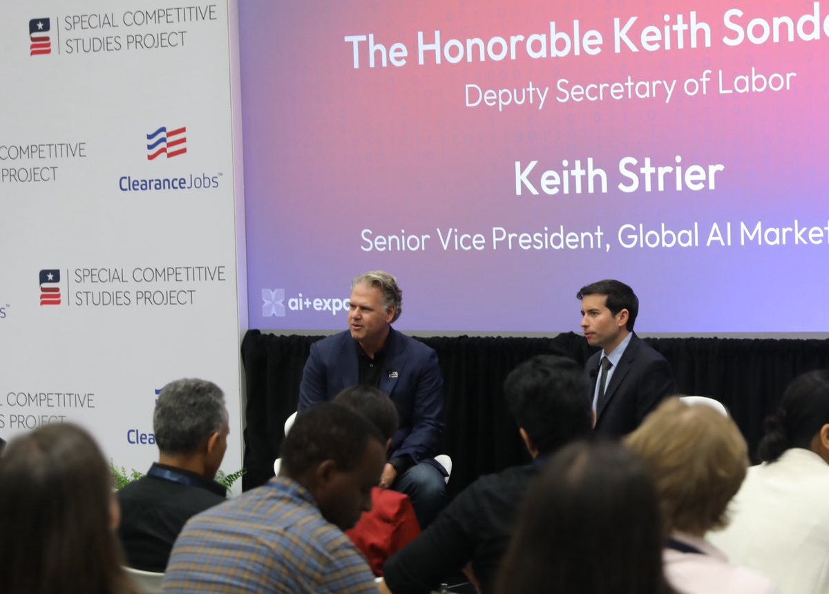Deputy Secretary Sonderling (@sonderling47) on Twitter photo Great to join <a href="/scsp_ai/">Special Competitive Studies Project</a> to discuss the opportunities AI can provide American Workers and Industry.
As we continue to navigate this emerging technology, <a href="/USDOL/">U.S. Department of Labor</a> is committed to fulfilling <a href="/POTUS/">President Donald J. Trump</a>' mission to equip our workers with AI skills training and literacy. Great to join <a href="/scsp_ai/">Special Competitive Studies Project</a> to discuss the opportunities AI can provide American Workers and Industry.
As we continue to navigate this emerging technology, <a href="/USDOL/">U.S. Department of Labor</a> is committed to fulfilling <a href="/POTUS/">President Donald J. Trump</a>' mission to equip our workers with AI skills training and literacy.