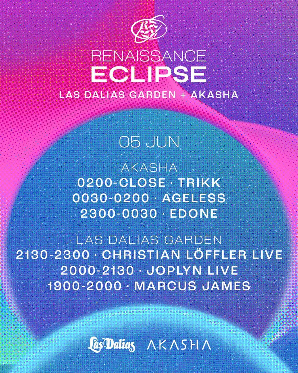 renaissance_dj's tweet photo. Set times are in for our Ibiza Eclipse on Thursday with no less than 4 Renaissance debuts! Christian Löffler, Joplyn, Ageless and EdOne take their initial live bows alongside the welcome return of Trikk and Marcus. 

Tickets at https://t.co/Mr0K3k2bu7. https://t.co/jj4YPCcoBz
