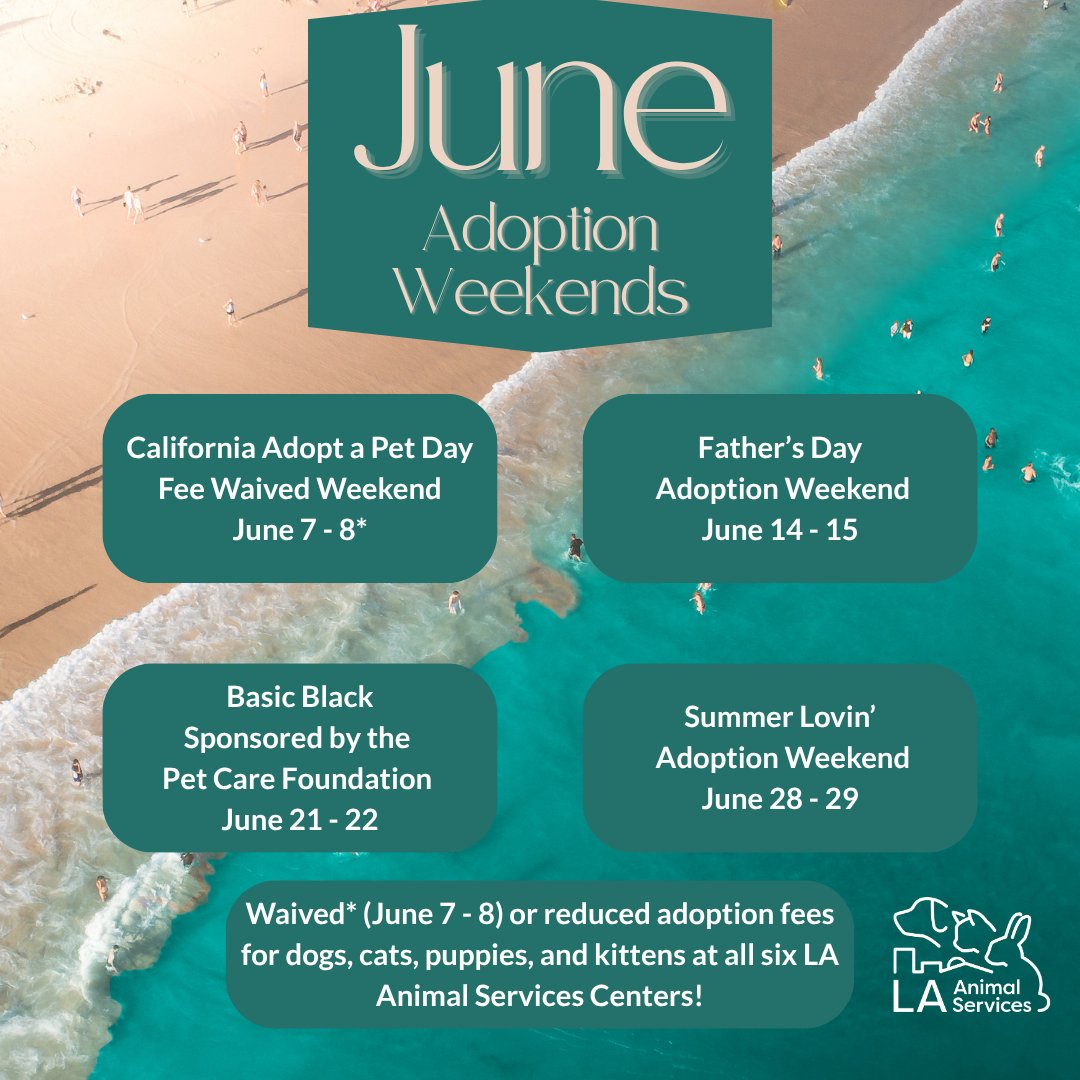 June is a great time to adopt as LA Animal Services offers fee-waived (June 7 &amp; 8) and reduced adoption fees for dogs, puppies, cats &amp; kittens every weekend this month! Unable to adopt? Foster a dog or cat. Visit any of our six LA City shelters. #LACityPets #Adopt #Foster