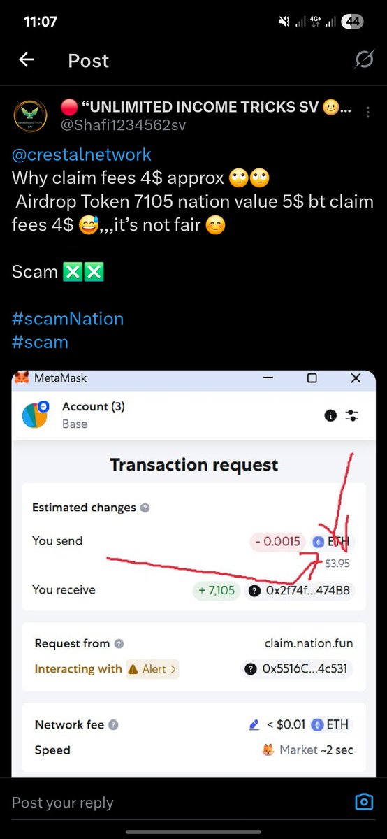 Shafi1234562sv's tweet image. @crestalnetwork 
Why claim fees 4$ approx 🙄🙄
 Airdrop Token 7105 nation value 5$ bt claim fees 4$ 😅,,,it’s not fair 😊 

Scam ❎❎

#scamNation 
#ScamAlert 
@GiveRep $rep @ATTNtoken
