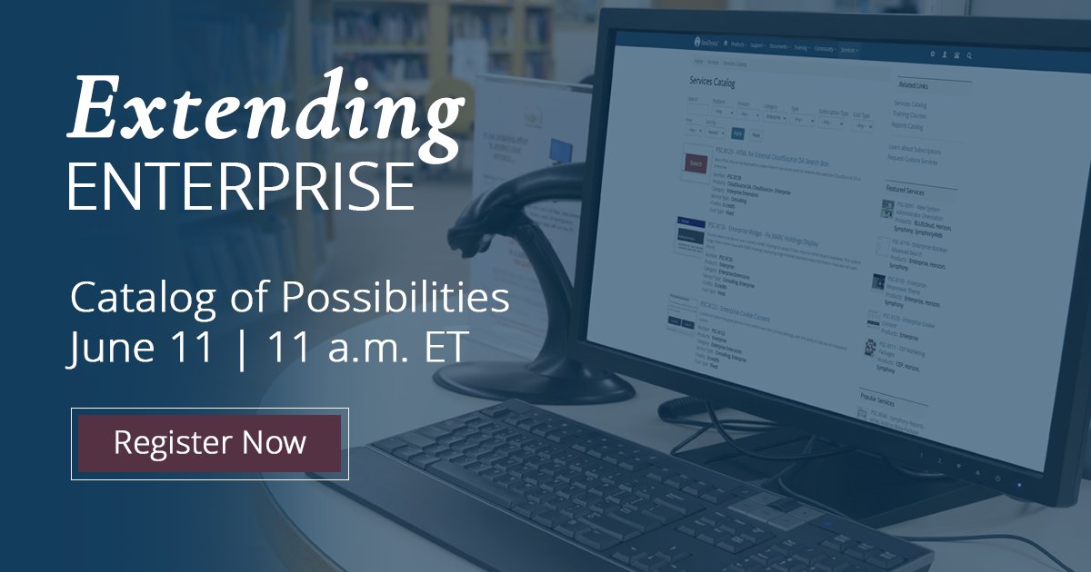 Now open for registration: the seventh episode in our Extending Enterprise series! Register today and tune in on June 11 for a tour of our catalog of custom solutions and new ways to optimize your library’s Enterprise instance (and other SD products): shorturl.at/SE4I1