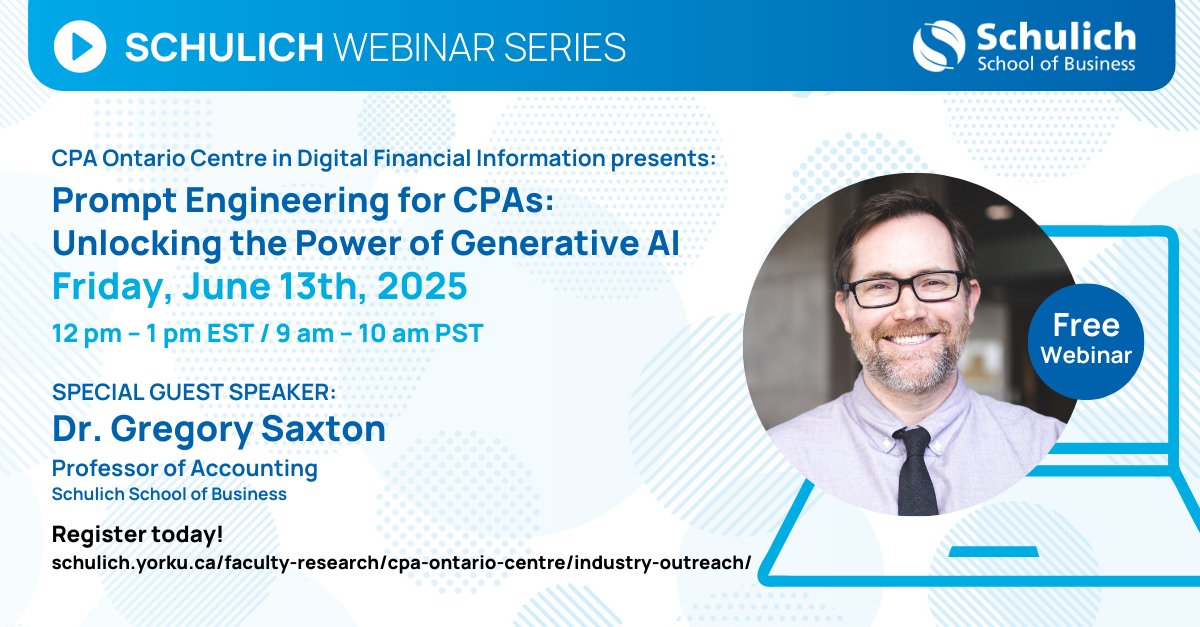 #SchulichWebinarSeries : Dr. Saxton will introduce the fundamentals of prompt engineering and how CPAs can leverage it for deeper insights and operational efficiency. Learn effective prompts that unlock real value. 📊

🔗 bit.ly/3H1X7gm

#SchulichEvents