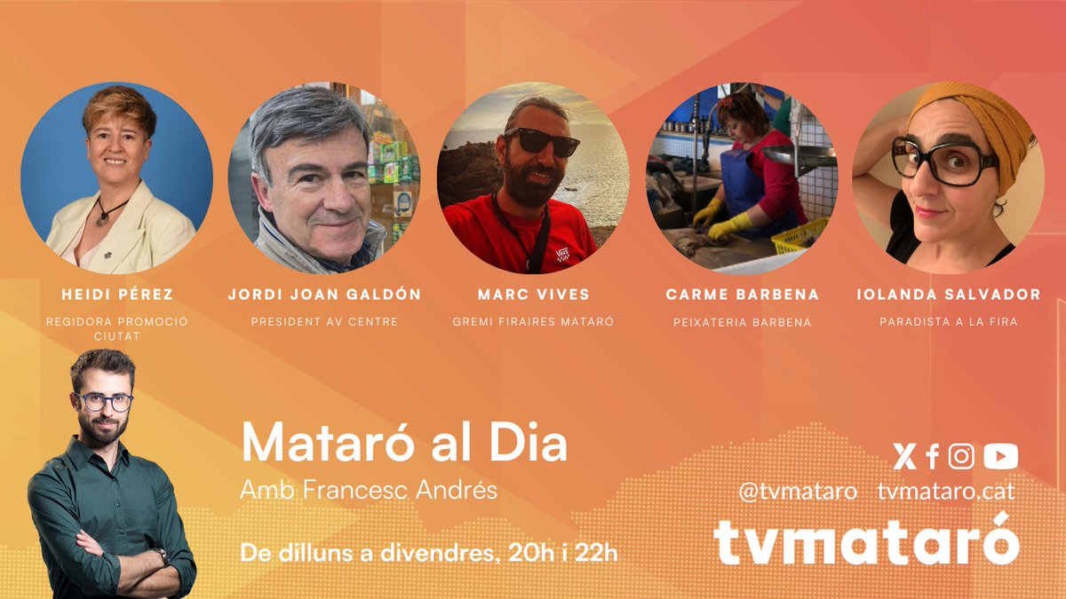 tvmataró (@tvmataro) on Twitter photo 📺Aquesta nit, al #MataróAlDia: La fira de #Mataró
🔸Nou dispositiu de seguretat
🔸123 atraccions i casetes
🔸Tradició i oci
🎙️<a href="/francescandres/">Francesc Andrés</a> en parla amb:
🗣️ <a href="/HeidiPerezPerez/">Heidi Perez</a> (<a href="/matarocat/">Ajuntament de Mataró</a>)
🗣️ Jordi Joan Galdón (Associació de Veïns Centre)
🗣️ Marc Vives (Gremi Firaires)
🗣️ 📺Aquesta nit, al #MataróAlDia: La fira de #Mataró
🔸Nou dispositiu de seguretat
🔸123 atraccions i casetes
🔸Tradició i oci
🎙️<a href="/francescandres/">Francesc Andrés</a> en parla amb:
🗣️ <a href="/HeidiPerezPerez/">Heidi Perez</a> (<a href="/matarocat/">Ajuntament de Mataró</a>)
🗣️ Jordi Joan Galdón (Associació de Veïns Centre)
🗣️ Marc Vives (Gremi Firaires)
🗣️