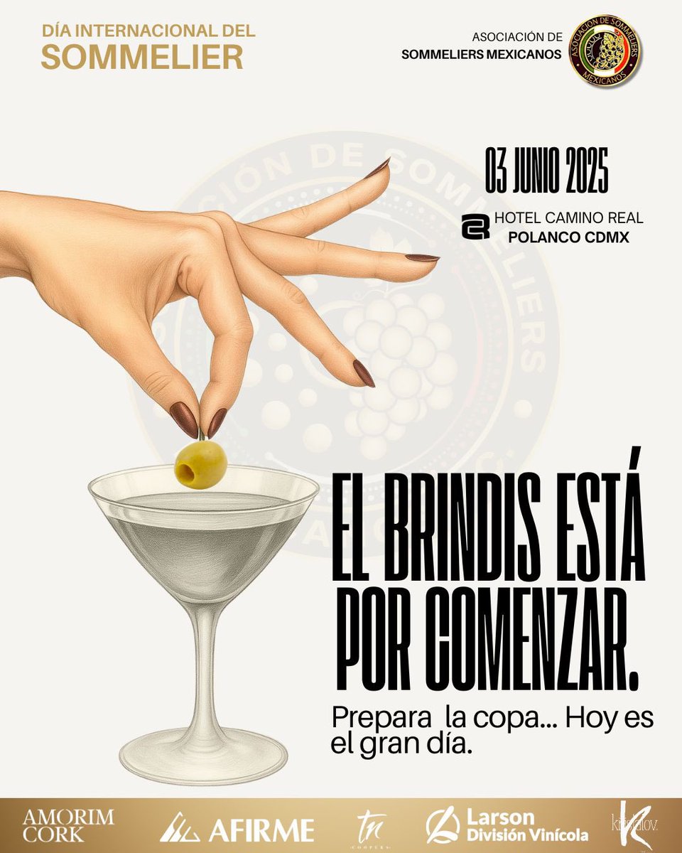 🎉 ¡HOY ES EL GRAN DÍA! 🎉
El Día Internacional del Sommelier 2025 ha llegado y con él, la celebración de quienes saben beber con conocimiento.

Recuerda llegar 30 minutos antes para brindar por el arte, la pasión y la cultura del vino.

📍 Hotel Camino Real, Polanco CDMX