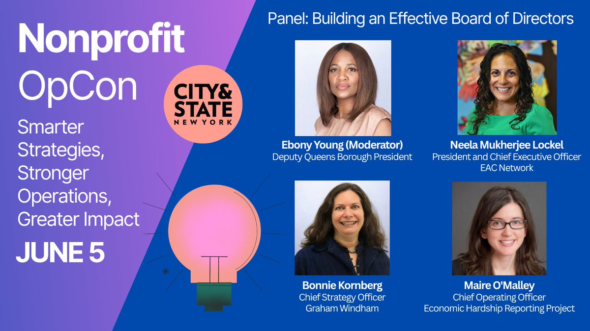 CSNY_Events's tweet image. 🚨 #NonprofitOpCon
Don’t miss the Building an Effective Board of Directors panel covering how to develop a high-functioning board that can:
📈 drive organizational growth
💲increase fundraising capacity
🤝strengthen relationships with key stakeholders.
events.cityandstate.com/2025-nonprofit…