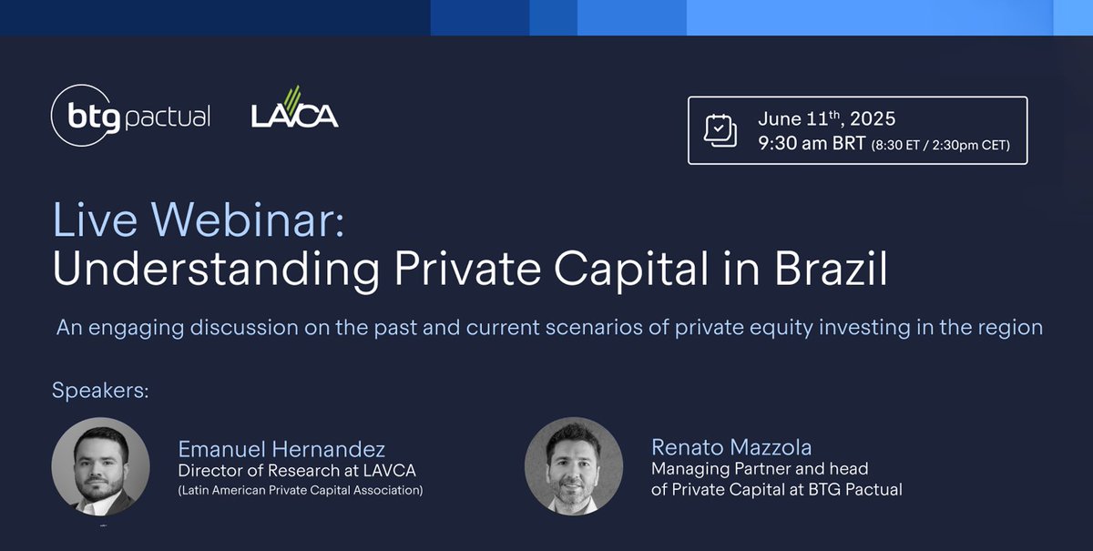 Next week, join LAVCA's Director of Research, Emanuel Hernandez, for an engaging discussion with BTG Pactual's Renato Mazzola on the past and current scenarios of private equity investing in the region on 11 June at 9:30 am.

Register here: hubs.la/Q03qtv-r0

#LatAm #VC #PE