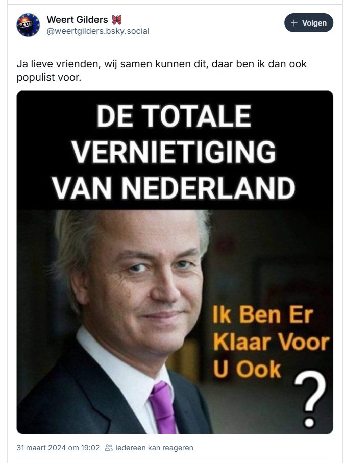 WiertGelders's tweet photo. #Populist
Ja lieve vrienden, ik ben er uitgestapt want iets positiefs voor Nederland betekenen en verantwoording nemen is niet mijn ding. https://t.co/Ovhk2RxsML