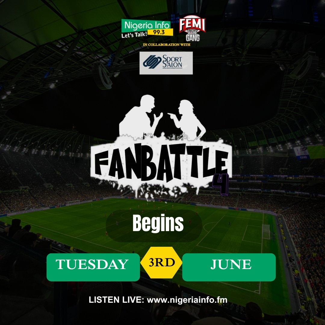 Femi & The Gang (@fatgofficial) on Twitter photo It's TIME!
The Gladiators are Ready!
The Judges are Ready!
The Fans are Ready!
ARE YOU READY?
It's TIME for #FANBATTLE4
Join us live from 7pm:
Nigeriainfofm/lagos
Youtube.com/@NigeriaInfoFM…
Facebook.com/NigeriaInfoFM
#FANBATTLE4 - Let the Battle Begin It's TIME!
The Gladiators are Ready!
The Judges are Ready!
The Fans are Ready!
ARE YOU READY?
It's TIME for #FANBATTLE4
Join us live from 7pm:
Nigeriainfofm/lagos
Youtube.com/@NigeriaInfoFM…
Facebook.com/NigeriaInfoFM
#FANBATTLE4 - Let the Battle Begin