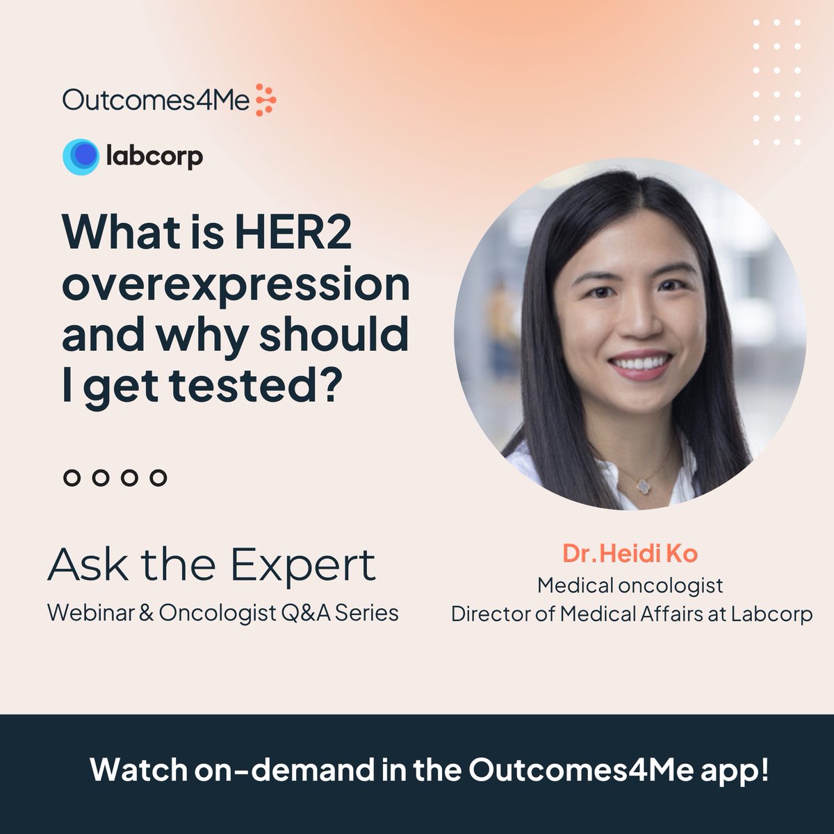 outcomes4me's tweet image. 💻 Our discussion with medical oncologist Dr. Heidi Ko is now available on-demand in the Outcomes4Me app! Watch the full recording here & deepen your understanding of the biomarker #HER2: bit.ly/43CzmD4
#cancercare #biomarkertesting #digitalhealth #targetedtherapy