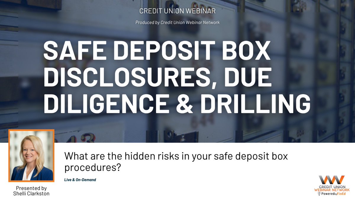Safe deposit boxes aren’t flashy, but examiners are finding compliance gaps! 🔒 Learn how to monitor, manage, and stay exam-ready. 
Join our webinar! fin-ed.info/4cX6J8b

#CreditUnion #Compliance #Banking