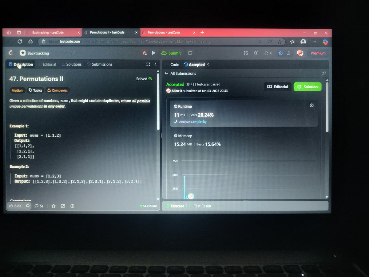 M56957992Pritam's tweet image. #Day_2 of #100_days_of_code 
03 / 06 / 2025, Tuesday

Solved : backtracking
46.  Permutations
47. Permutations ll